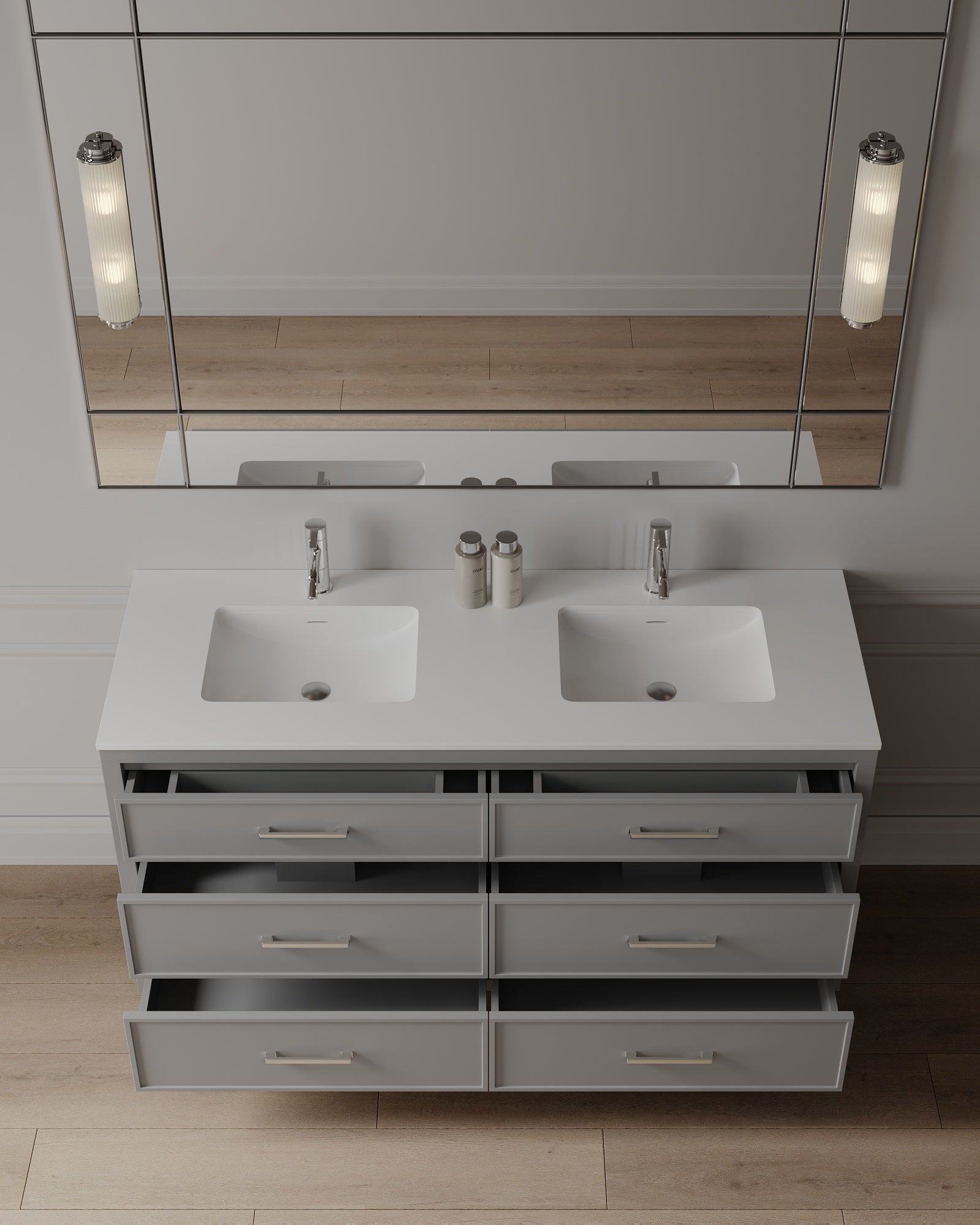 Meuble-lavabo de salle de bain de style shaker transitionnel de 60 po avec comptoir en quartz