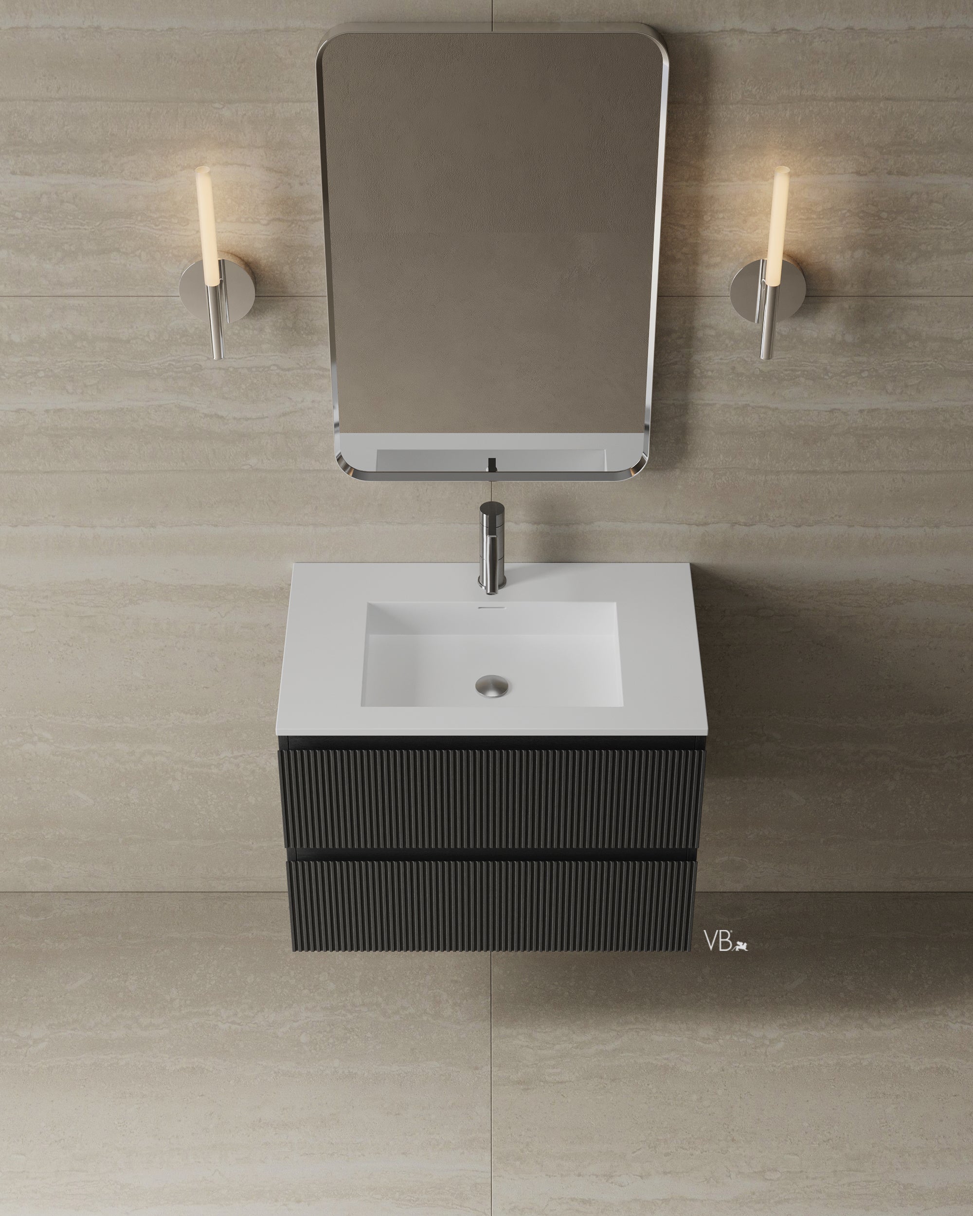 Meuble-lavabo mural en placage de bois de 30 po avec vasque en surface solide