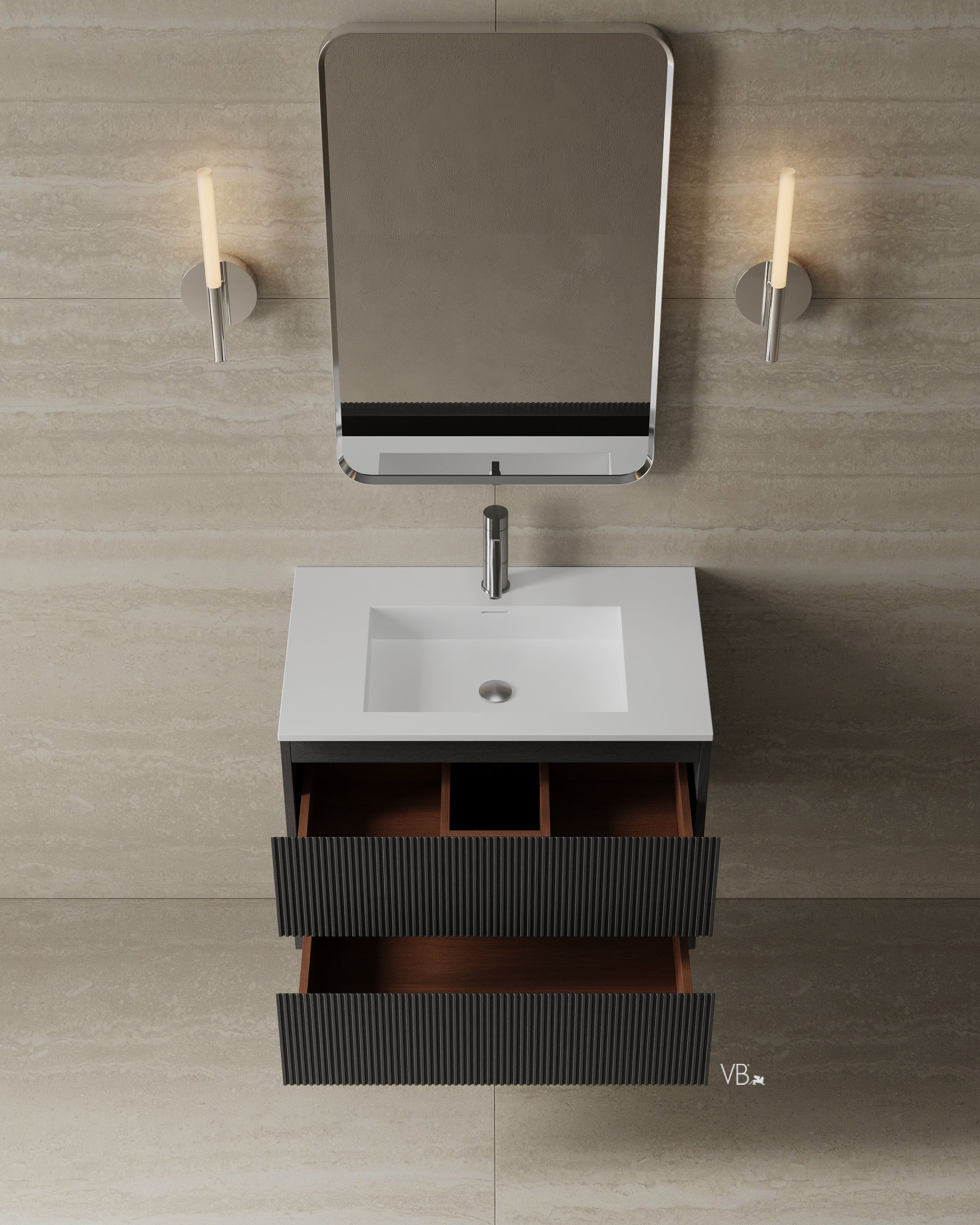 Meuble-lavabo mural en placage de bois de 30 po avec vasque en surface solide