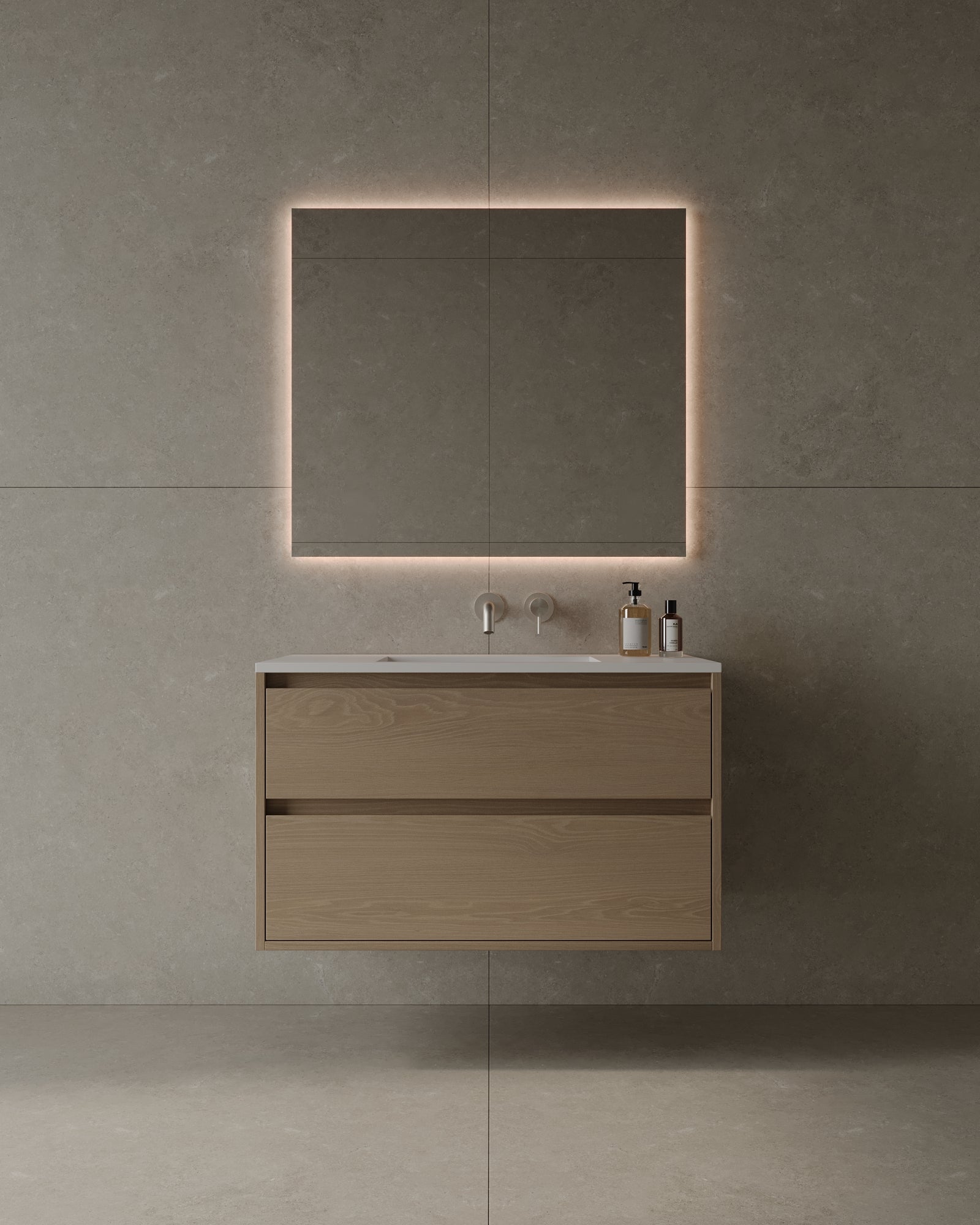 36" Wall-Mounted Wood Veneer Vanity With Solid Surface Basin