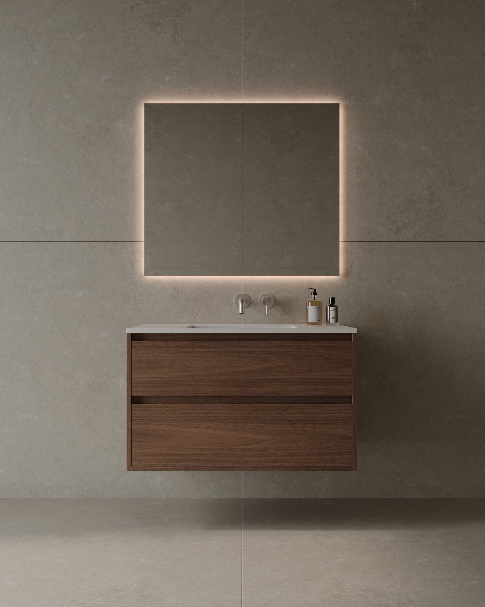 36" Wall-Mounted Wood Veneer Vanity With Solid Surface Basin