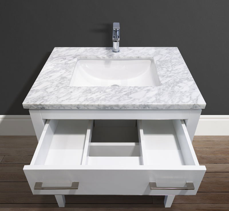 MC 4002-30 - 30" White Single Sink Bathroom Vanity with Carrara Marble Countertop