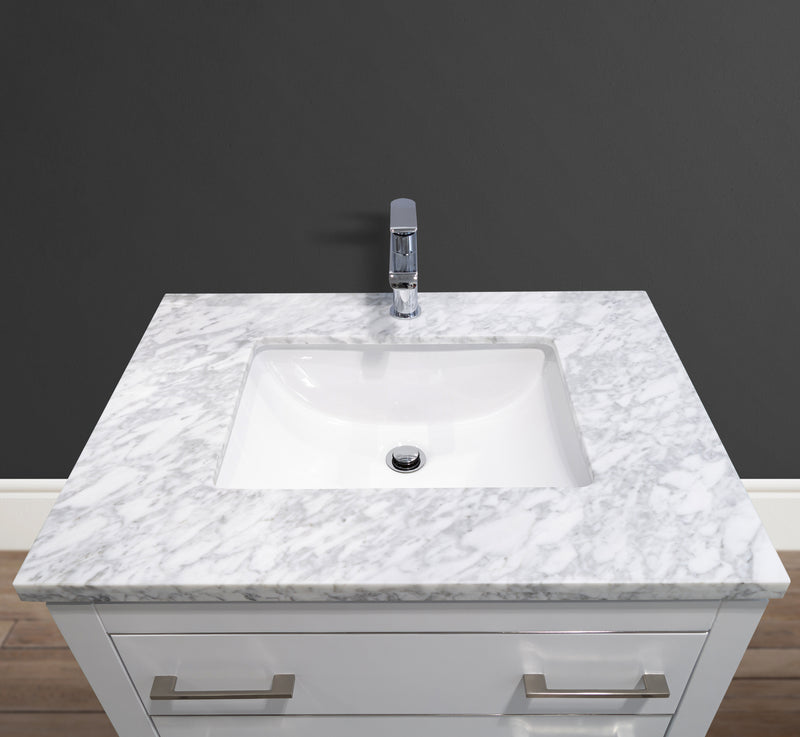 MC 4002-30 - 30" White Single Sink Bathroom Vanity with Carrara Marble Countertop