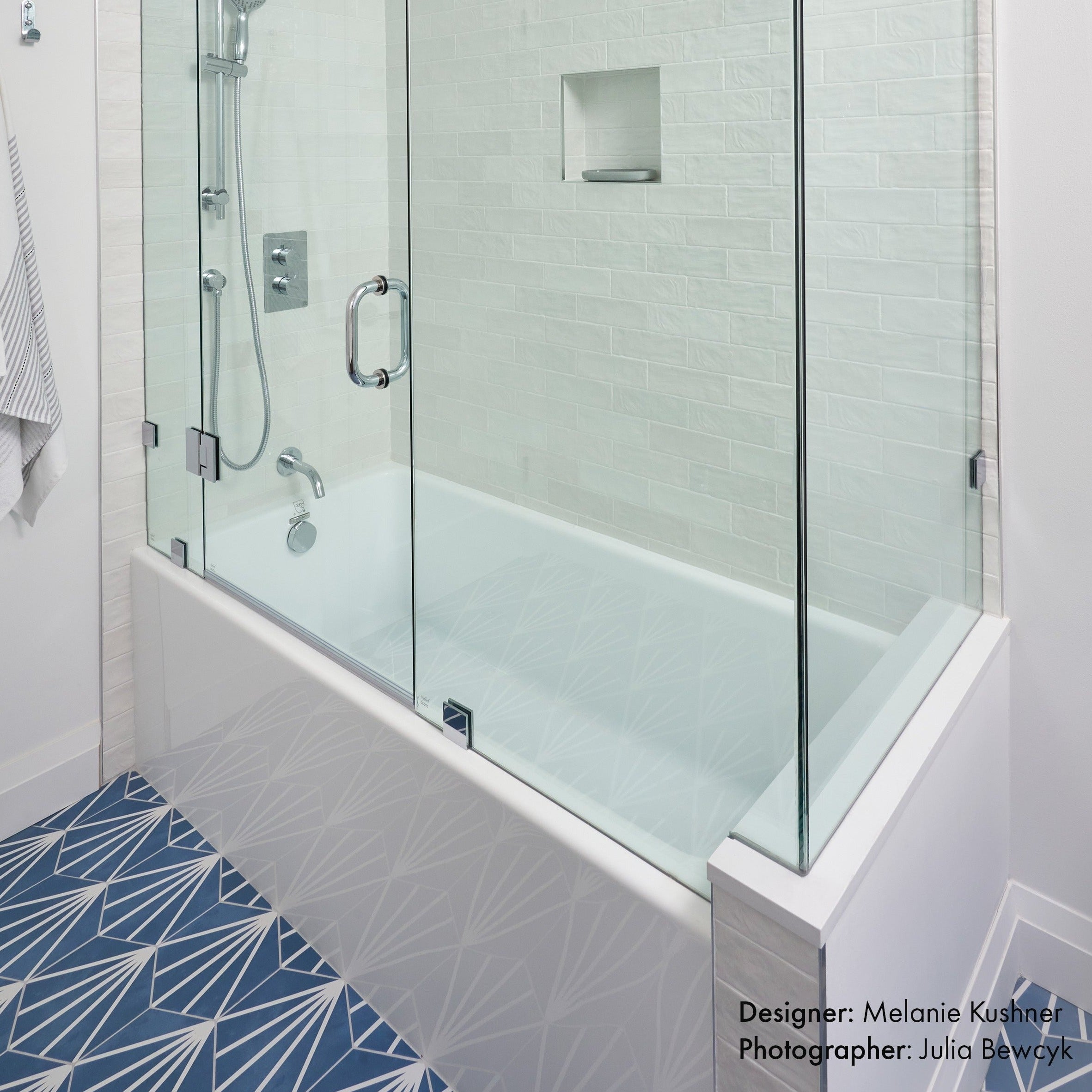 BT 721 Lifestyle inside bathroom with blue decorative floor tiles 