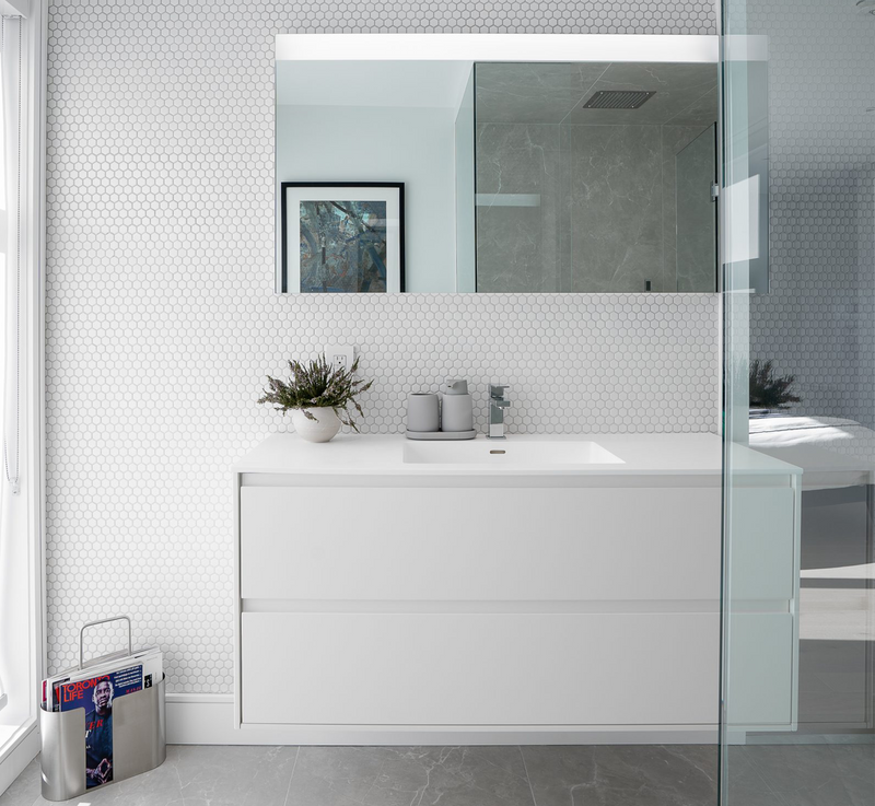MC 1200J lifestyle image inside modern white bathroom